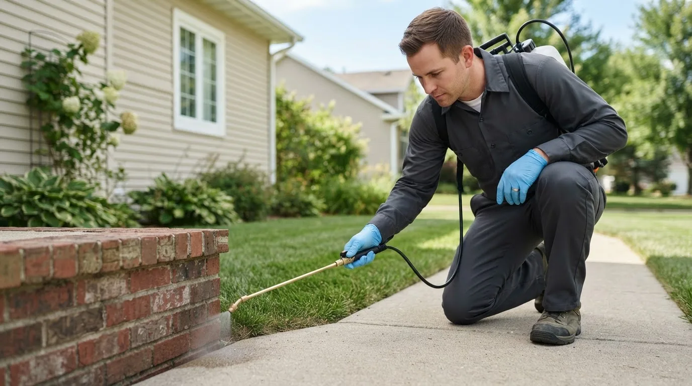 Pest control technician treating a home near Grayville, IL