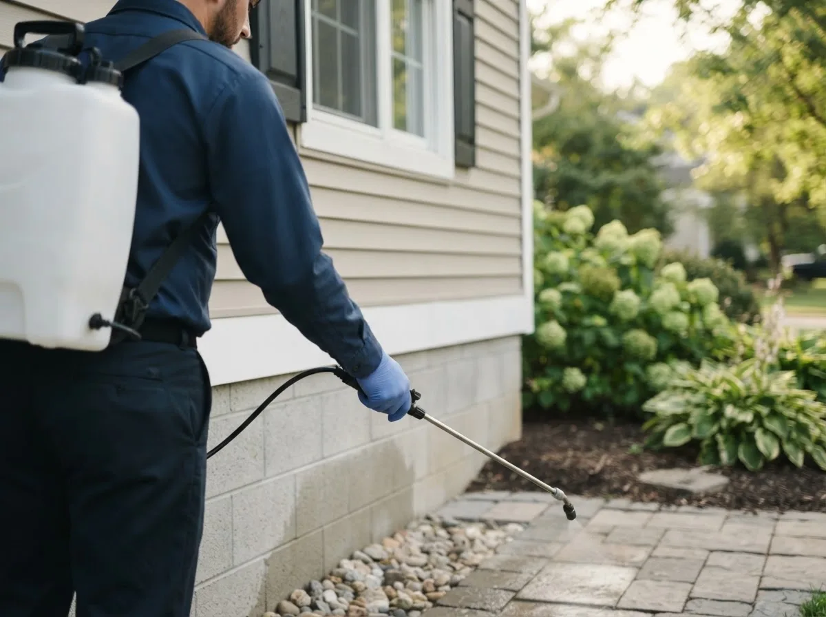 Pest control technician inspecting a home in Grayville, IL